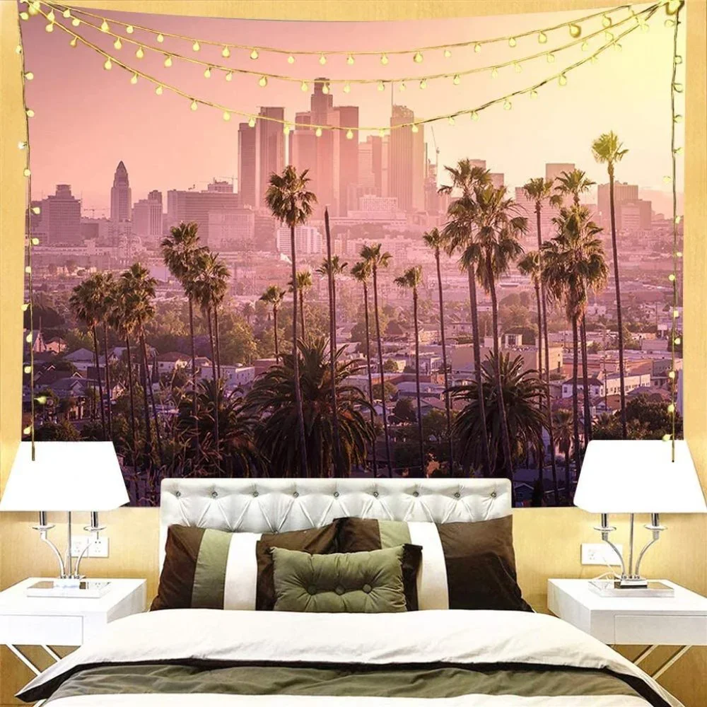 Los Angeles Pink Sunset City Skyline Cityscape Wall Indoor Pretty Decor Tapestry